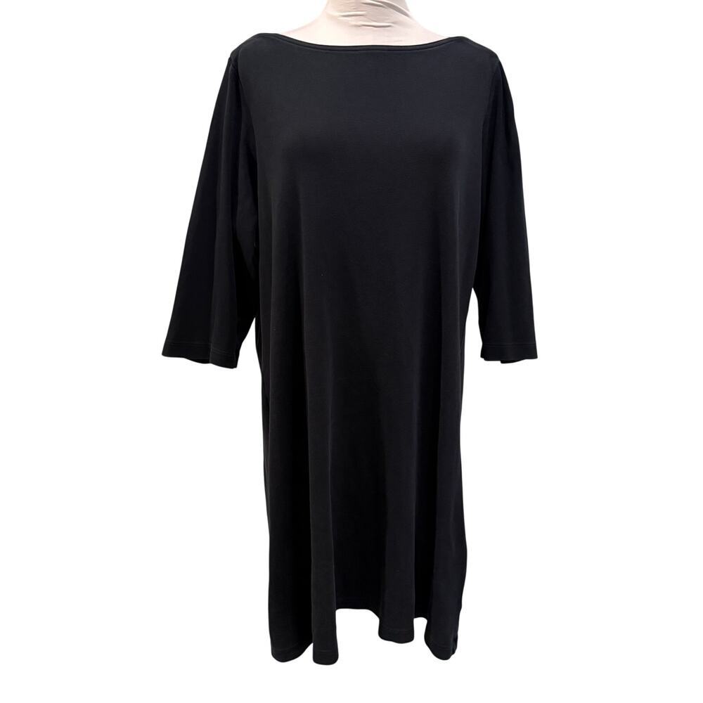 Lands' End 1X Navy Blue Cotton Midi Dress Minimalist 3/4 Sleeves Quiet Luxury